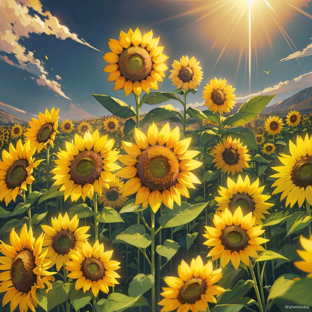 "Hyper-realistic 16K rendering of a breathtaking sunflower field at the intersection of reality and fantasy.
Central focus:
A vast field of sunflowers stretching to the horizon, each flower uniquely detailed
A single, giant sunflower in the foreground, its petals shimmering with impossible colors
Sunlight filtering through the petals, creating intricate patterns on the ground
Detailed elements:
Individual sunflower seeds visible in ultra-high definition, each with unique patterns
Bees and butterflies with visible wing structures and iridescent details
Pollen particles floating in the air, catching the light like tiny prisms
Leaves and stems with intricate vein structures and water droplets refracting sunlight
Environment:
A sky transitioning from day to night, showcasing the sunflowers in different lighting conditions
Distant mountains that subtly resemble the shape of sunflowers
A winding path through the field made of sunflower petals
Lighting and effects:
Advanced ray tracing showcasing the interplay of sunlight through the flowers
Subtle lens flares mimicking the shape of sunflower petals
Volumetric lighting giving form to pollen and mist in the air
Composition:
Use of the Fibonacci spiral in the arrangement of sunflowers and composition elements
Depth of field effect focusing on key flowers while maintaining clarity throughout the scene
Multiple layers of sunflowers creating a sense of depth and immersion
Technical specifications:
16K resolution (15360x8640 pixels) with 64-bit color depth for unprecedented detail
Custom shaders for rendering realistic plant structures and impossible color variations
Physically based rendering (PBR) for ultra-realistic textures and lighting interactions
Style:
Hyper-realistic rendering with subtle surrealist elements in color and composition
Blending of botanical illustration precision with dreamlike atmospheric effects
Color palette:
Rich yellows and greens with impossible color variations in the petals
Warm, golden sunlight co