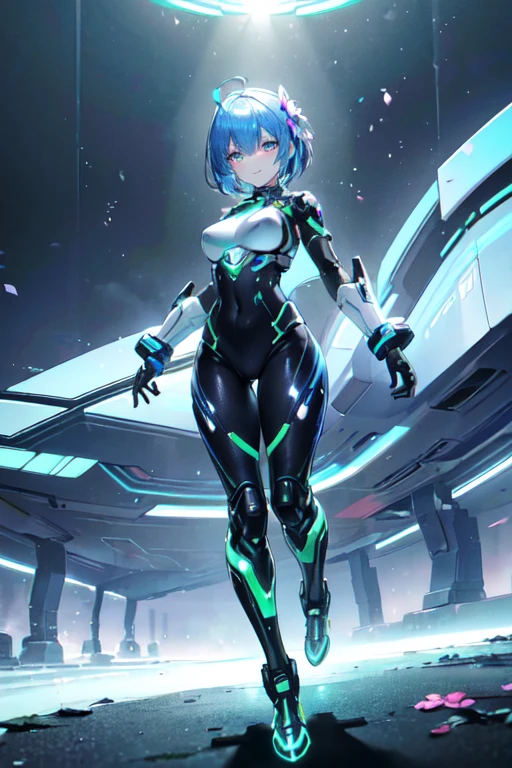 (masterpiece, best quality,Super detailed),(random angle,1girl,A cool and blushing female cyborg in her late twenties with short, metallic blue hair, glowing green cybernetic eyes, and a shy smile. She wears a sleek silver bodysuit with integrated tech armor, augmented gloves, and high-tech boots. She is standing in a beautiful futuristic park with floating flowers and shimmering streams,