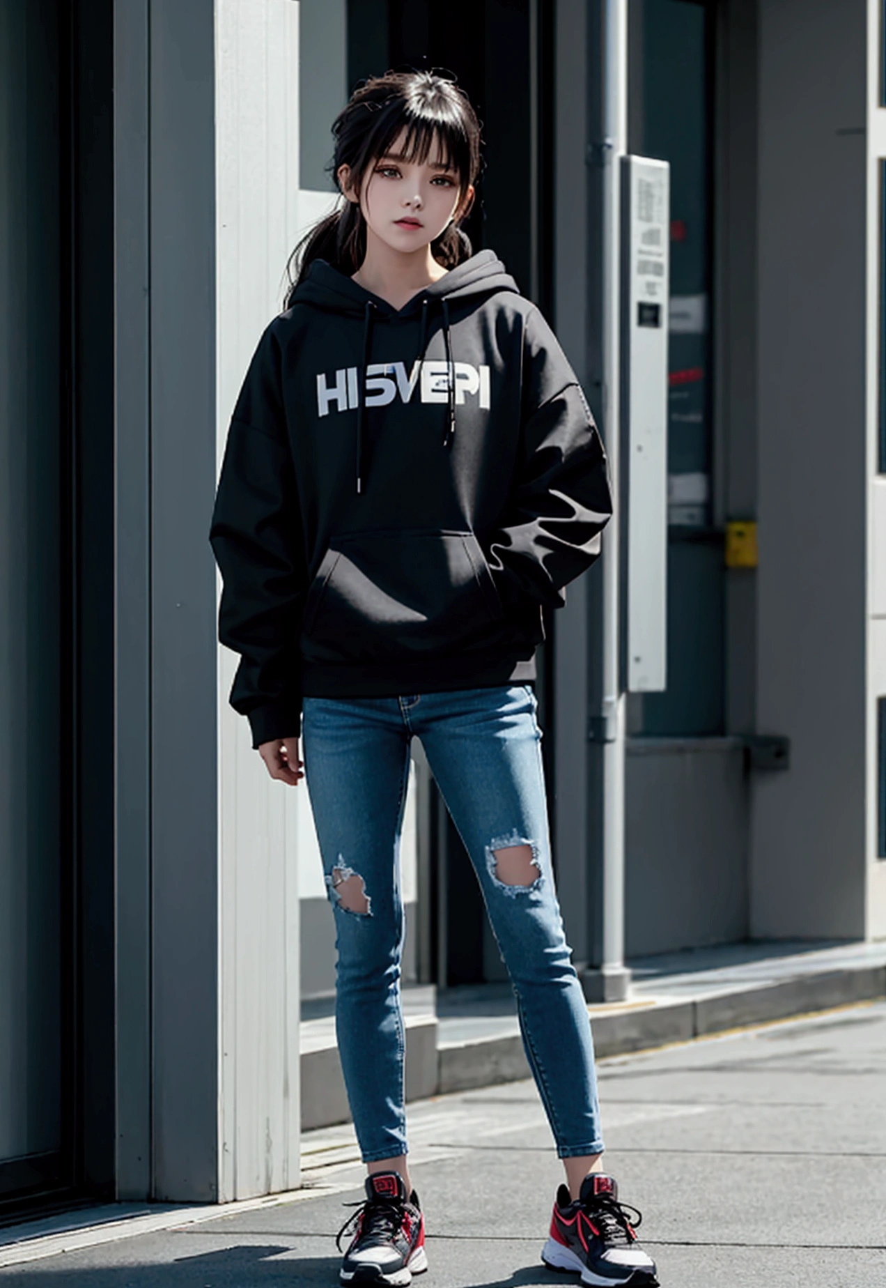 ultra-detailed,highly detailed,best quality,masterpiece,illustration,
araffed woman in a black hoodie and shorts standing on a sidewalk, cyberpunk anime girl in hoodie, wearing jeans and a black hoodie, girl wearing hoodie, wearing cyberpunk streetwear, casual clothing, she is wearing streetwear, cyberpunk streetwear, cyberpunk style outfit, realistic clothing, wearing cyberpunk 2 0 7 7 jacket, casual clothing style, woman in streetwear, casual clothes