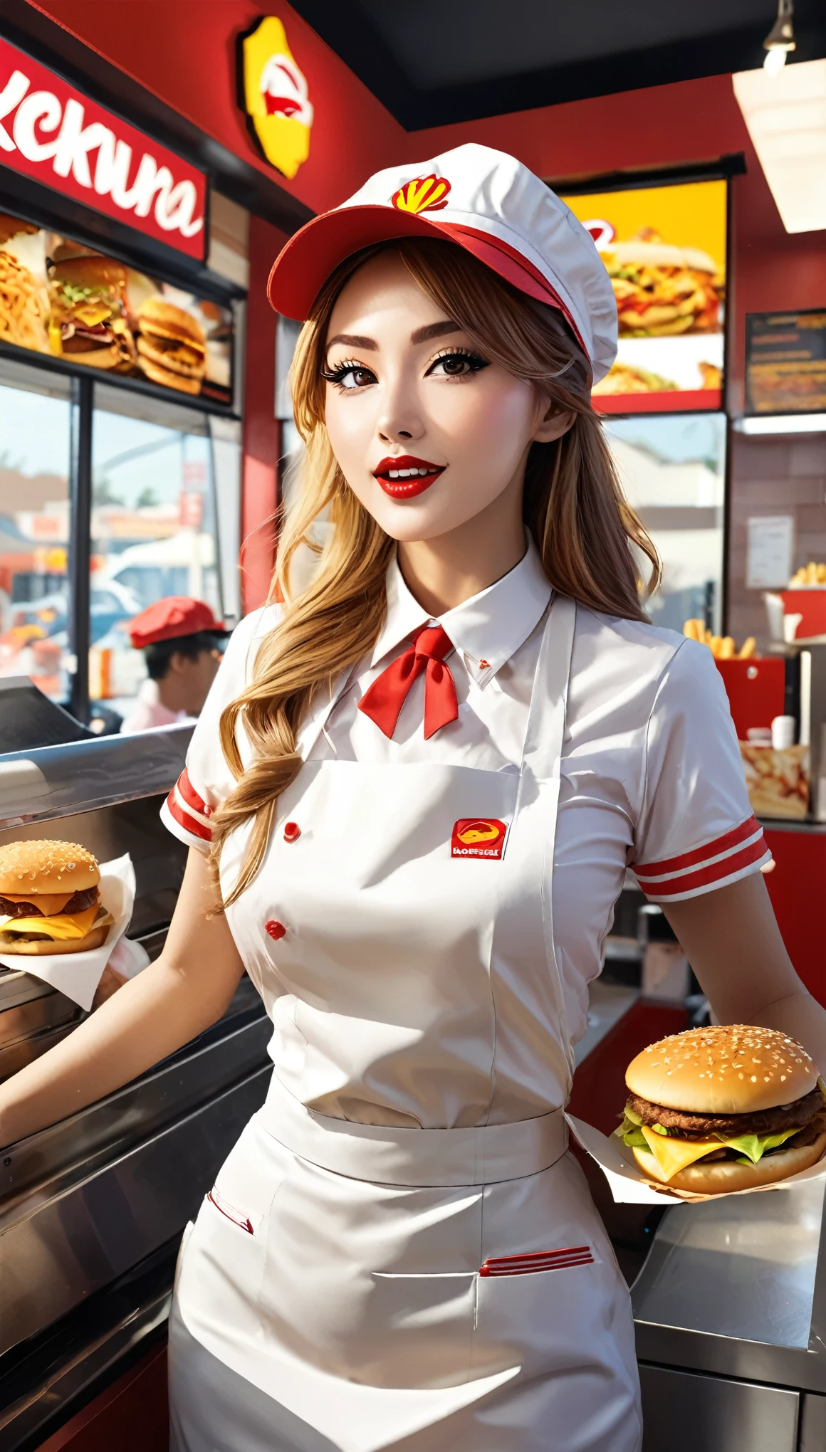 2.5D, delicate and dynamic, sexy pretty fast food worker, background drive-thru