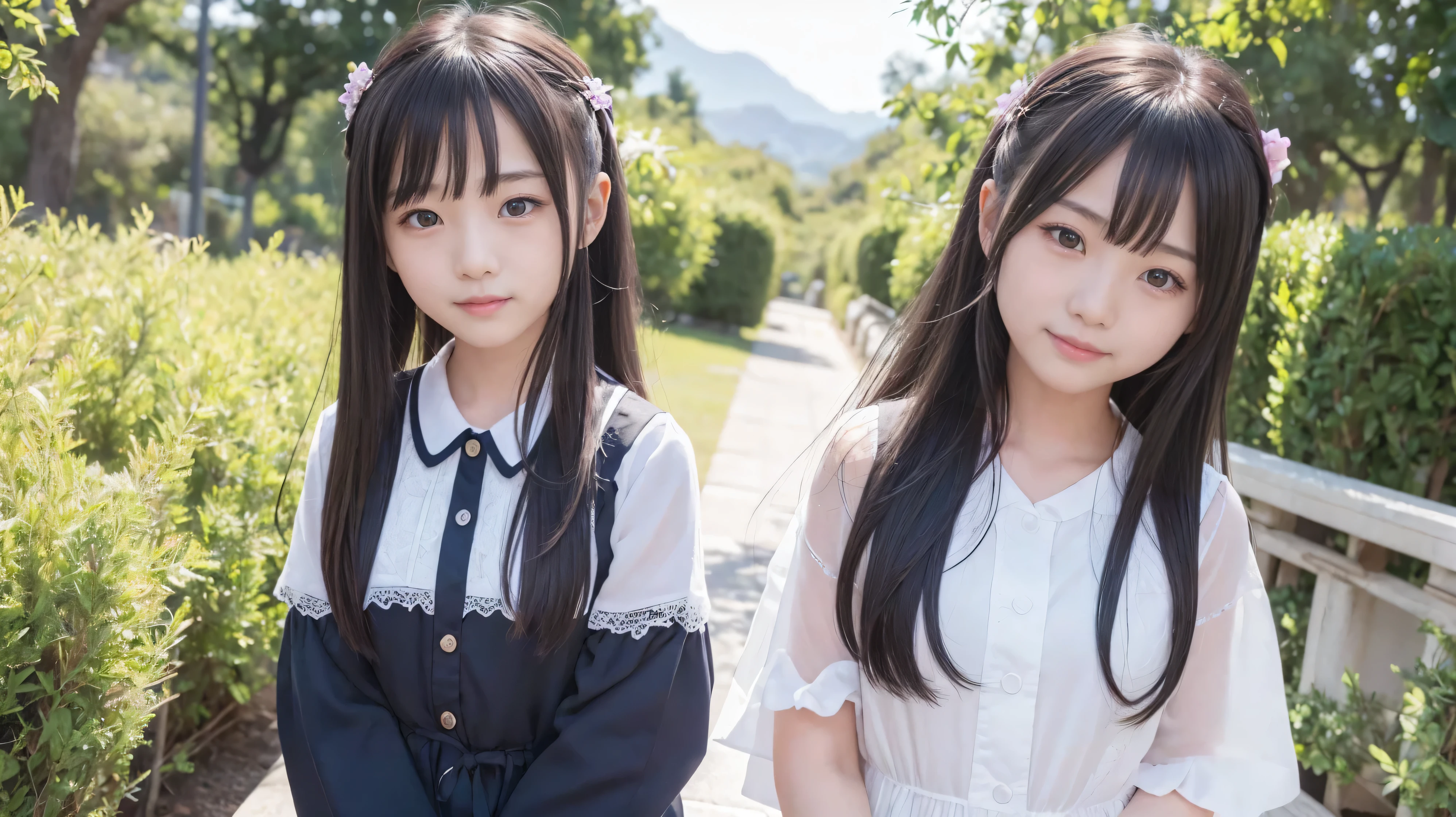 ((Attention to detail)),(Super detailed), Highly detailed CG Unity 8k wallpaper, beautiful girl,((Two people)), Highest quality, 8K, (((11 years old)))、girl、Long straight hair、Summer outfit、((Happy smile))、Bust Shot、（sea）、