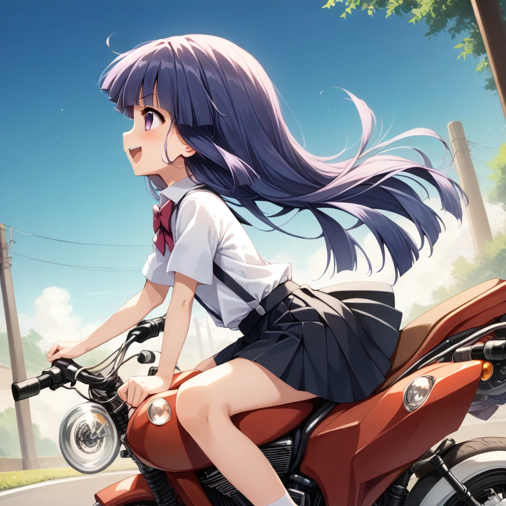 score_9, score_8_up, score_7_up, score_6_up, source_anime,,,,1girl, solo, furude rika, (tween:1), kawaii, blue hair, purple eyes, long hair, blunt bangs, bangs, bow, skirt, shirt, suspenders, smile, short sleeves, pleated skirt, white shirt, open mouth, red bow, ^_^, suspender skirt, , black skirt, collared shirt, blush, bowtie, blunt bangs, dress shirtt, ,  anime coloring.serious,(a girl riding a motorcycle at full speed:1.5),(from side,side view),Dutchangle,,(serious expression:1.5)、Gripping the handlebars