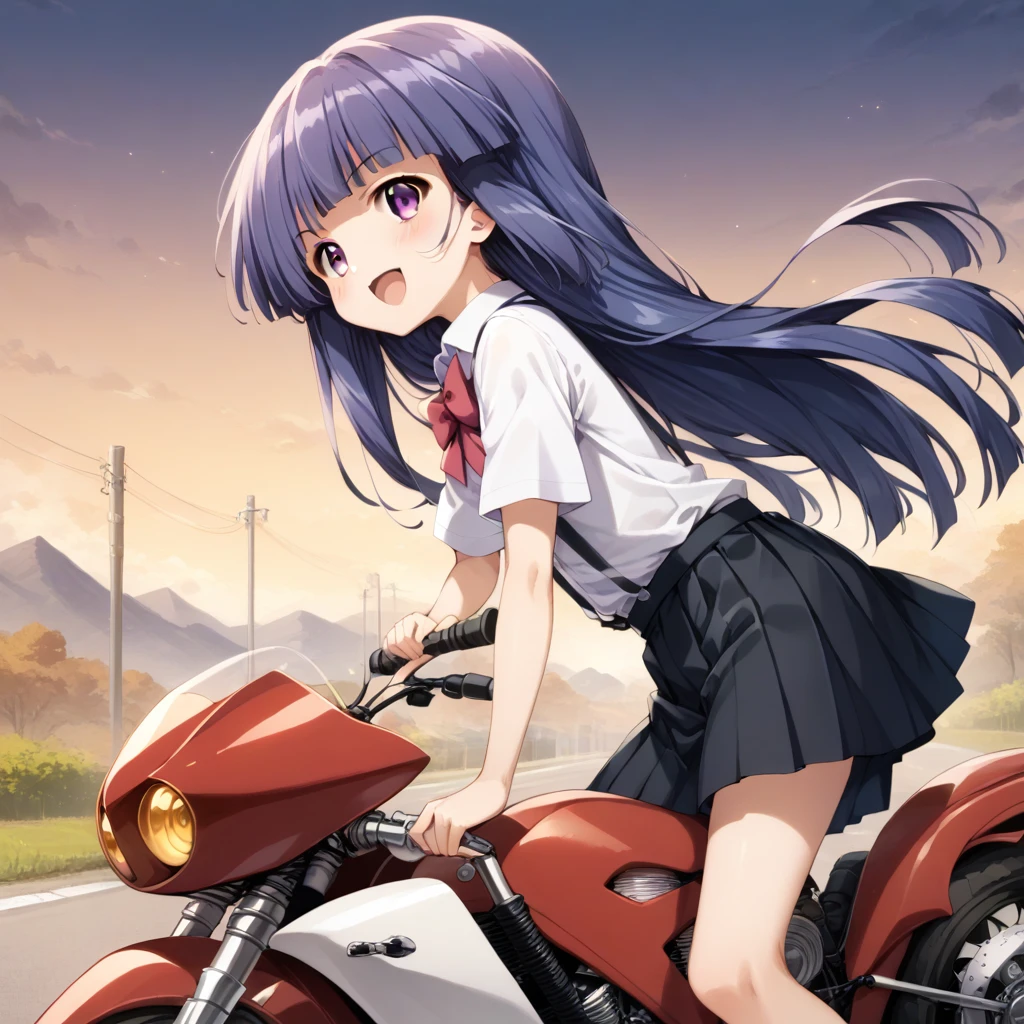score_9, score_8_up, score_7_up, score_6_up, source_anime,,,,1girl, solo, furude rika, (tween:1), kawaii, blue hair, purple eyes, long hair, blunt bangs, bangs, bow, skirt, shirt, suspenders, smile, short sleeves, pleated skirt, white shirt, open mouth, red bow, ^_^, suspender skirt, , black skirt, collared shirt, blush, bowtie, blunt bangs, dress shirtt, , anime coloring.serious,(a girl riding a motorcycle at full speed:1.5),(from side,side view),Dutchangle,,(serious expression:1.5)、Gripping the handlebars