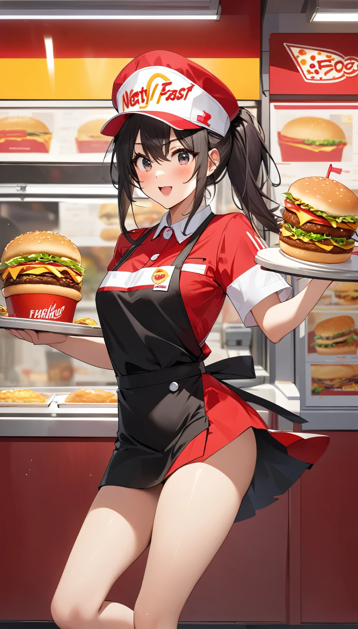 2.5D, delicate and dynamic, sexy pretty fast food worker, background drive-thru