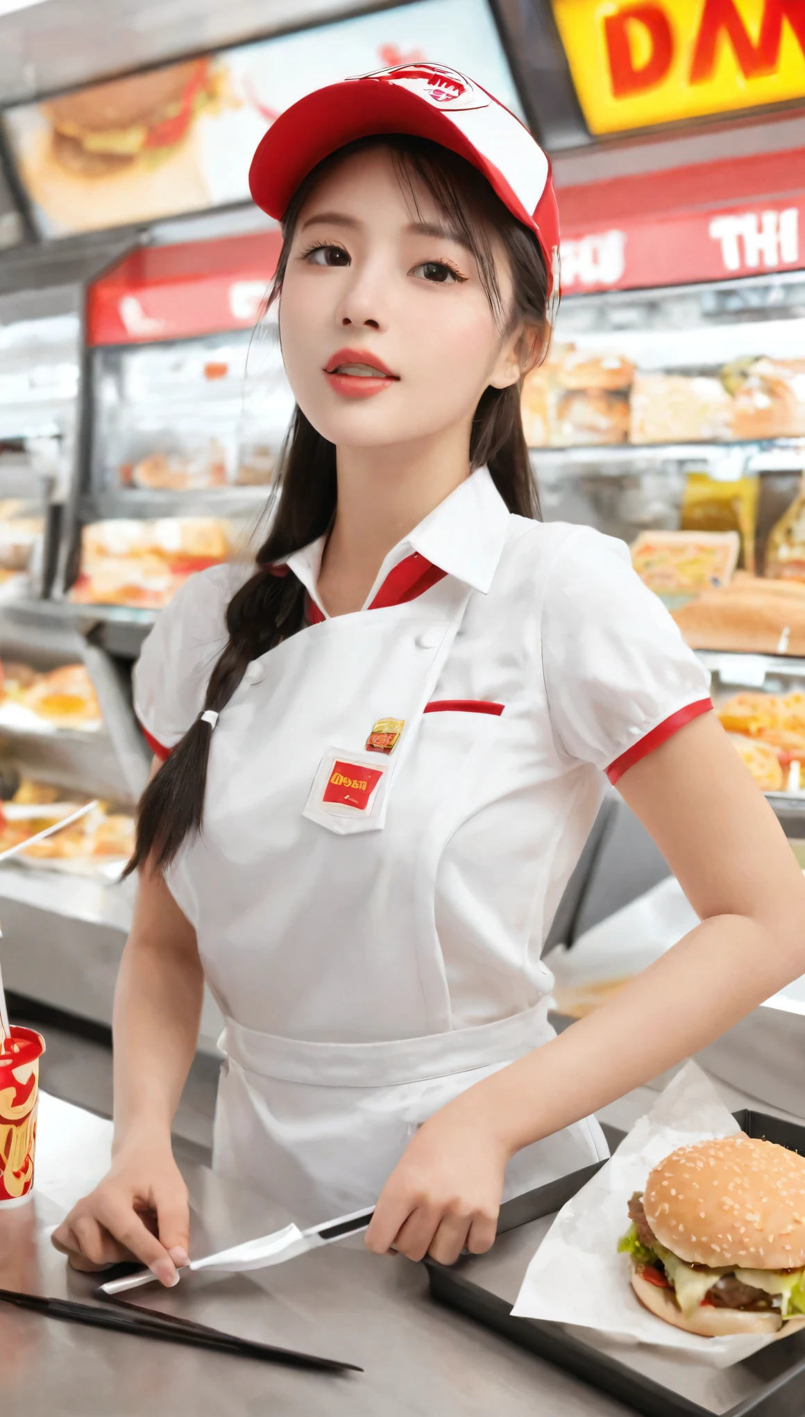 2.5D, delicate and dynamic, sexy pretty fast food worker, background drive-thru