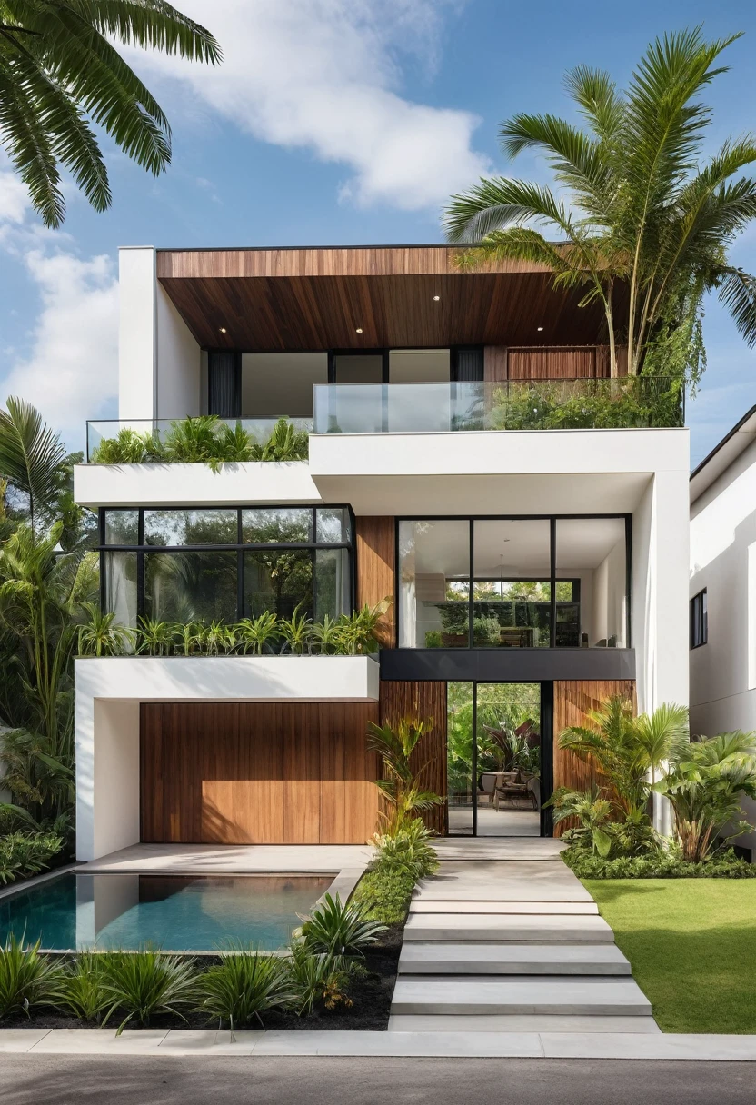 A hyper-realistic image of a modern house with a minimalist design, featuring a combination of wood and white materials. The house has a flat roof, large glass windows, and a balcony with a glass railing. The entrance is flanked by lush greenery and palm trees. There is a wooden gate in front and the garden includes various tropical plants. The overall ambiance is serene and contemporary, with detailed textures and realistic lighting, shadows, and reflections. The colors are vibrant and true to life, showcasing the natural beauty of the materials and the surrounding environment.
