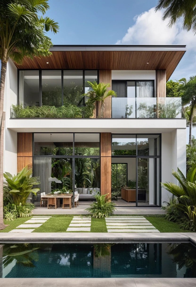 A hyper-realistic image of a modern house with a minimalist design, featuring a combination of wood and white materials. The house has a flat roof, large glass windows, and a balcony with a glass railing. The entrance is flanked by lush greenery and palm trees. There is a wooden gate in front and the garden includes various tropical plants. The overall ambiance is serene and contemporary, with detailed textures and realistic lighting, shadows, and reflections. The colors are vibrant and true to life, showcasing the natural beauty of the materials and the surrounding environment.