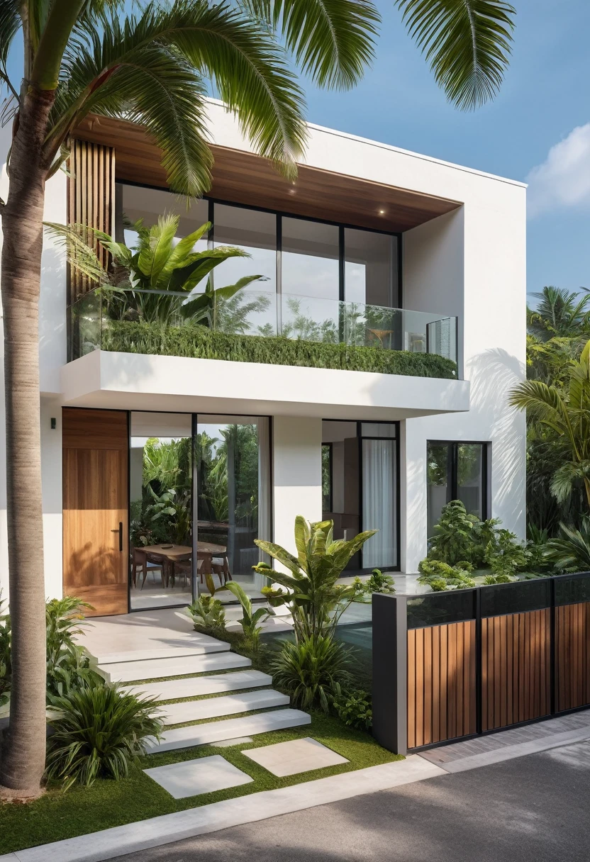 A hyper-realistic image of a modern house with a minimalist design, featuring a combination of wood and white materials. The house has a flat roof, large glass windows, and a balcony with a glass railing. The entrance is flanked by lush greenery and palm trees. There is a wooden gate in front and the garden includes various tropical plants. The overall ambiance is serene and contemporary, with detailed textures and realistic lighting, shadows, and reflections. The colors are vibrant and true to life, showcasing the natural beauty of the materials and the surrounding environment.