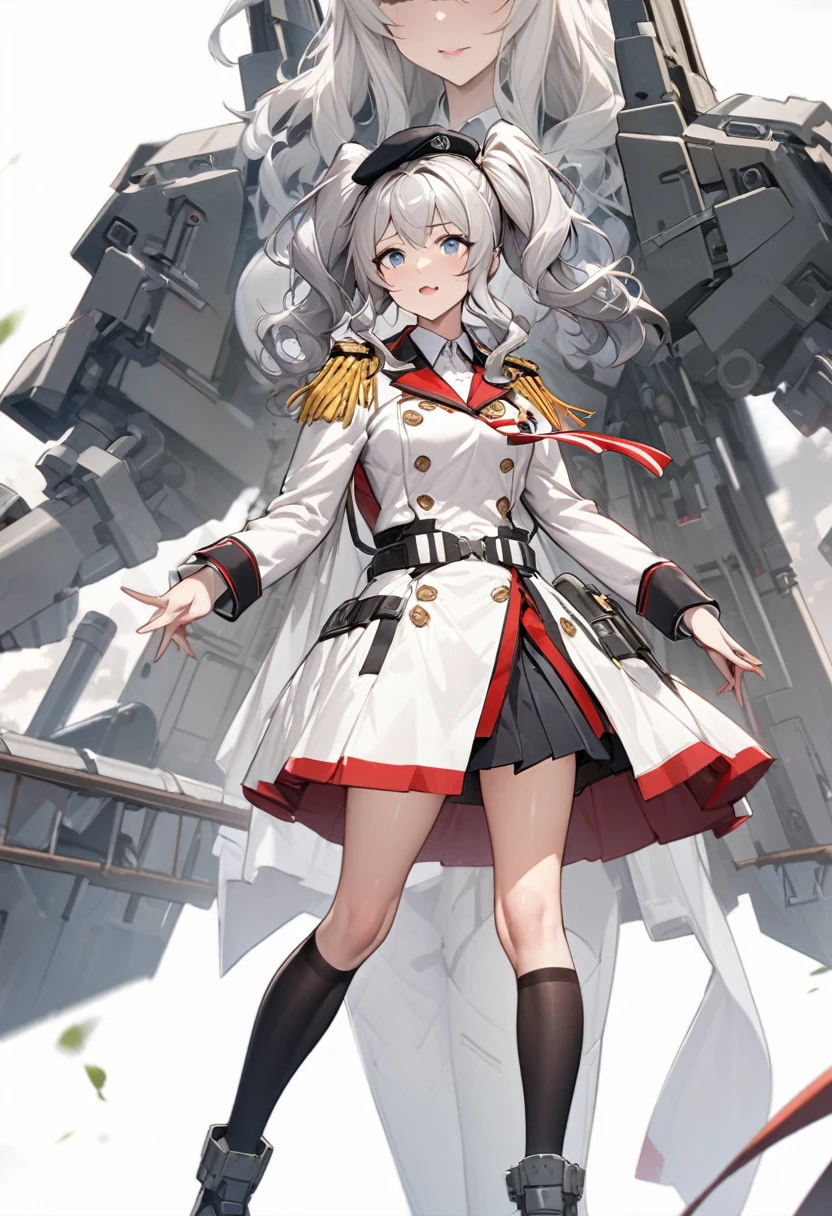 One young beautiful woman,(Highest quality,Extremely detailed depiction,Incredibly absurd high resolution,Anatomically accurate depiction), solo focus, (full body shot:1.1), (kashima /(kancolle/):1.2),Black pleated skirt,Black knee-high socks,Blue Eyes,Loosely wavy silver hair,Medium Hair,Black Beret,Outfitting,Twin tails,White formal uniform with epaulettes,Light pink lipstick,Part your lips,Stand on your side,Squint your eyes and laugh