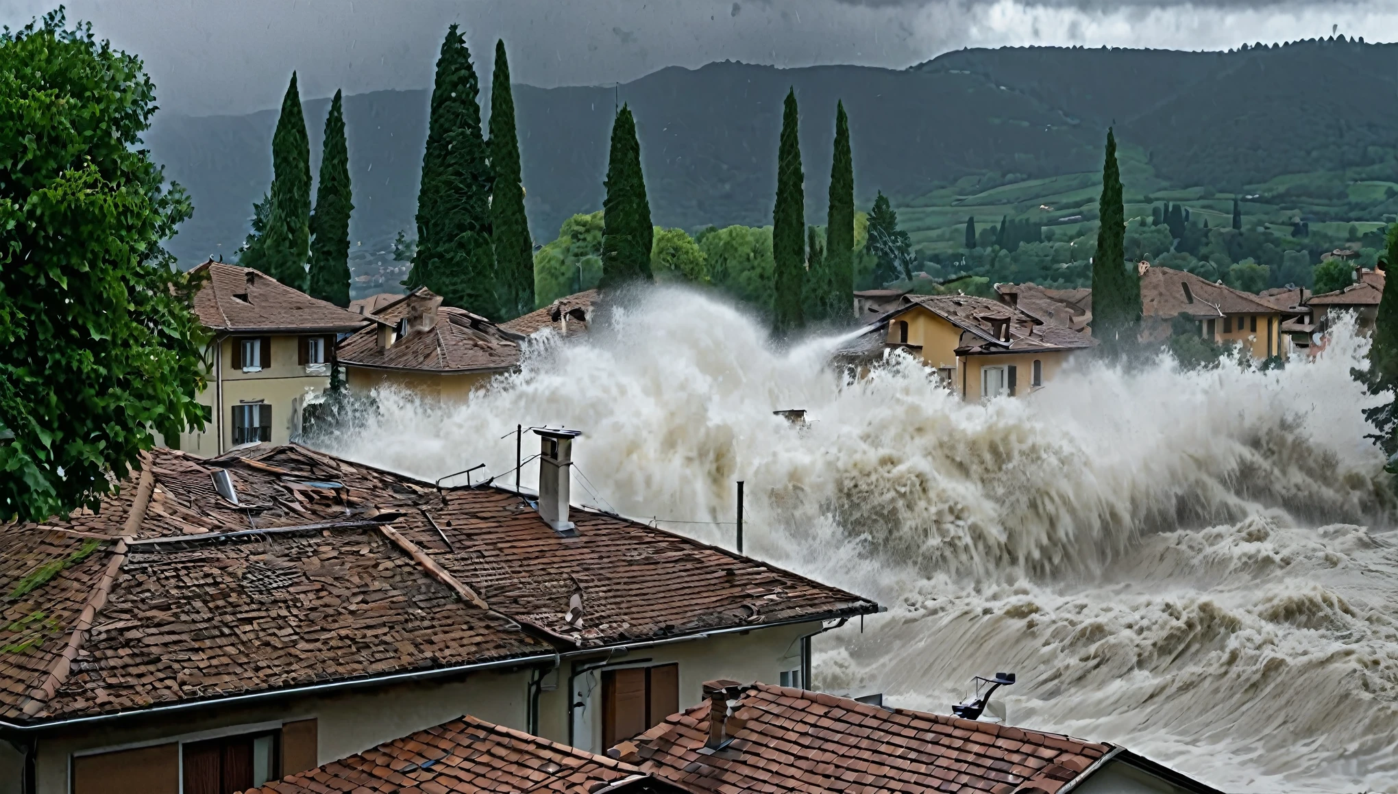 whoa, Dramatic moving image depicts a violent storm knocking down trees, roofing houses and causing flooding in Varese, Italy. It is possible to see bad weather with gusts of wind and destruction. The scenario is one of chaos.