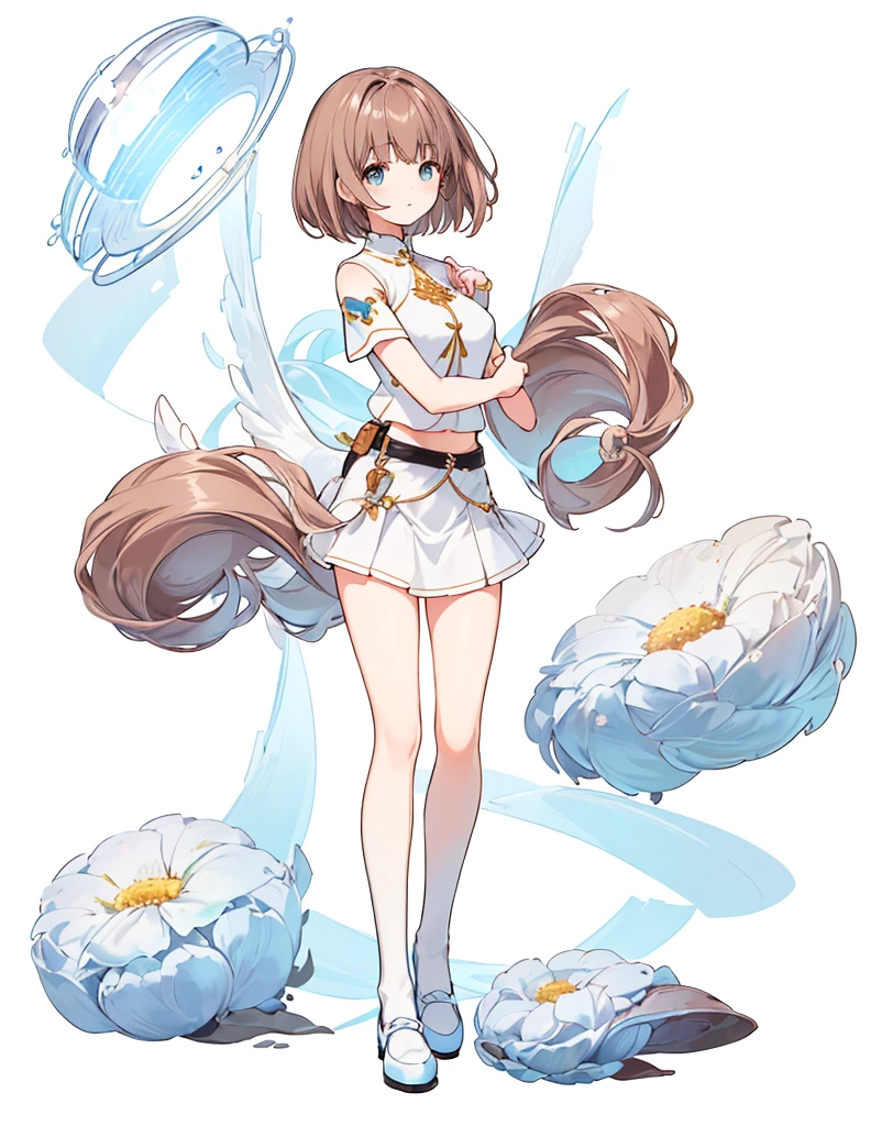 Full body ,dynamic standing,(เหมือนจริง:1.37)、Photorealsitic, Bright indoor, Soft light, Low contrast, Shallow depth of field, Beautiful adult woman illuminated by gentle light, short length bangs, hair color is a dark chestnut shade with a slight brown tone, hair with a subtle and gentle wave, Short bob hair, (White blouses), (Denim miniskirt), (Silk White Socks), (pumps), (Full body:1.5), Blank white background, (white background), Transparent background, looking down, ((masterpiece, illustration, best quality))