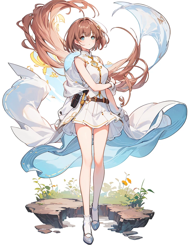 Full body ,dynamic standing,(เหมือนจริง:1.37)、Photorealsitic, Bright indoor, Soft light, Low contrast, Shallow depth of field, Beautiful adult woman illuminated by gentle light, short length bangs, hair color is a dark chestnut shade with a slight brown tone, hair with a subtle and gentle wave, Short bob hair, (White blouses), (Denim miniskirt), (Silk White Socks), (pumps), (Full body:1.5), Blank white background, (white background), Transparent background, looking down, ((masterpiece, illustration, best quality))