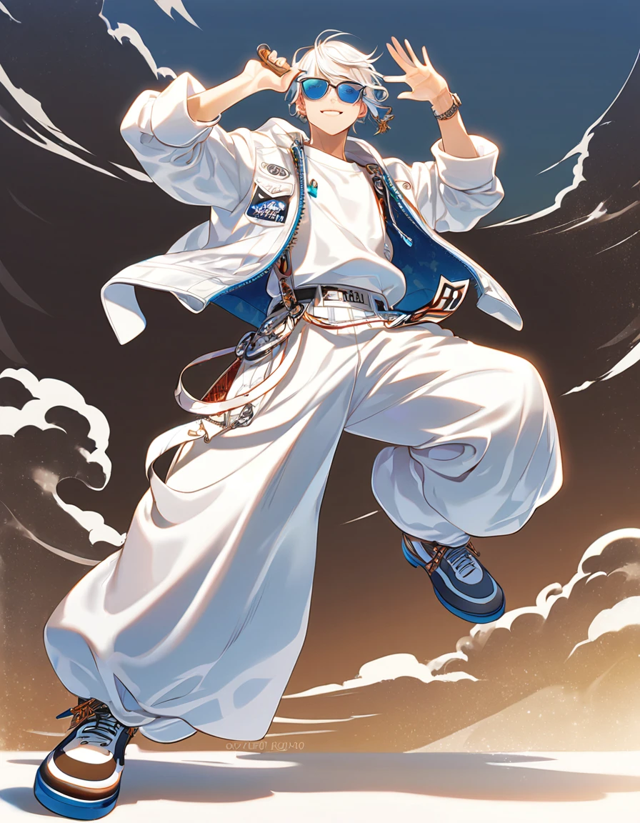 "Create a high-resolution digital illustration of a young man with white hair and a cool, confident demeanor. He is wearing a stylish, all-white outfit that includes a white jacket with multiple zippers and a matching pair of baggy pants. His shoes are also white and complement his outfit perfectly. The young man is striking a playful pose, with one hand forming a peace sign near his face. He is smiling broadly, showcasing a carefree attitude. His eyes are covered by trendy blue-tinted sunglasses, adding a modern touch to his look. The background features a clear blue sky with a few scattered clouds, suggesting a bright and sunny day. Pay close attention to the details of his outfit, the textures, and the overall composition to ensure a realistic and visually appealing result."