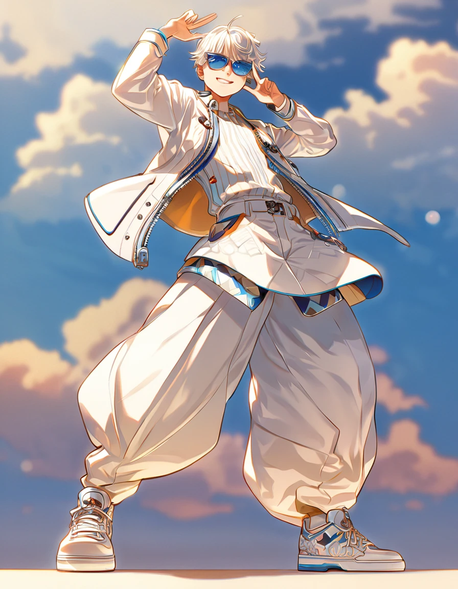 "Create a high-resolution digital illustration of a young man with white hair and a cool, confident demeanor. He is wearing a stylish, all-white outfit that includes a white jacket with multiple zippers and a matching pair of baggy pants. His shoes are also white and complement his outfit perfectly. The young man is striking a playful pose, with one hand forming a peace sign near his face. He is smiling broadly, showcasing a carefree attitude. His eyes are covered by trendy blue-tinted sunglasses, adding a modern touch to his look. The background features a clear blue sky with a few scattered clouds, suggesting a bright and sunny day. Pay close attention to the details of his outfit, the textures, and the overall composition to ensure a realistic and visually appealing result."