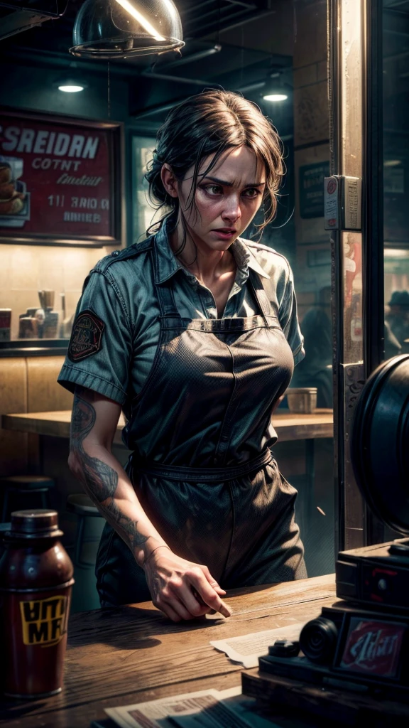a tired old fast food restaurant worker, carrying orders to customers, dealing with customer complaints, hyperrealistic, photorealistic, extremely detailed, highly detailed, cinematic lighting, dramatic shadows, moody atmosphere, gritty urban setting, realistic textures, worn and weathered equipment, exasperated facial expression, tired body language, motion blur, depth of field, (best quality,8k,highres,masterpiece:1.2),ultra-detailed,(realistic,photorealistic,photo-realistic:1.37)