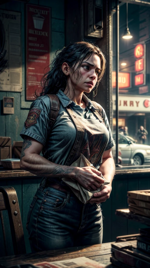 a middle-aged fast food restaurant employee, dropping the plates he was carrying, highly detailed, photorealistic, 8k, best quality, intricate details, vivid colors, dramatic lighting, realistic textures, impactful composition, emotional expression, surprised facial expression, dropping plates, fast food restaurant interior, greasy floor, chaotic scene, motion blur, dramatic shadow effects