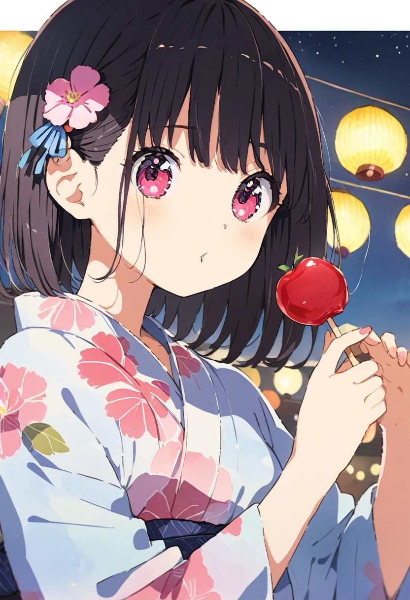 cute girl, yukata, watercolor, clear, anime style illustration, cute illustration, beautiful detail, fain touch outline, cute girl is eating a apple candy, りんご飴、 delicious looking, japanese festival, night, cute illustration, best quality, top quality, masterpiece, ultra detailed, beautiful detail