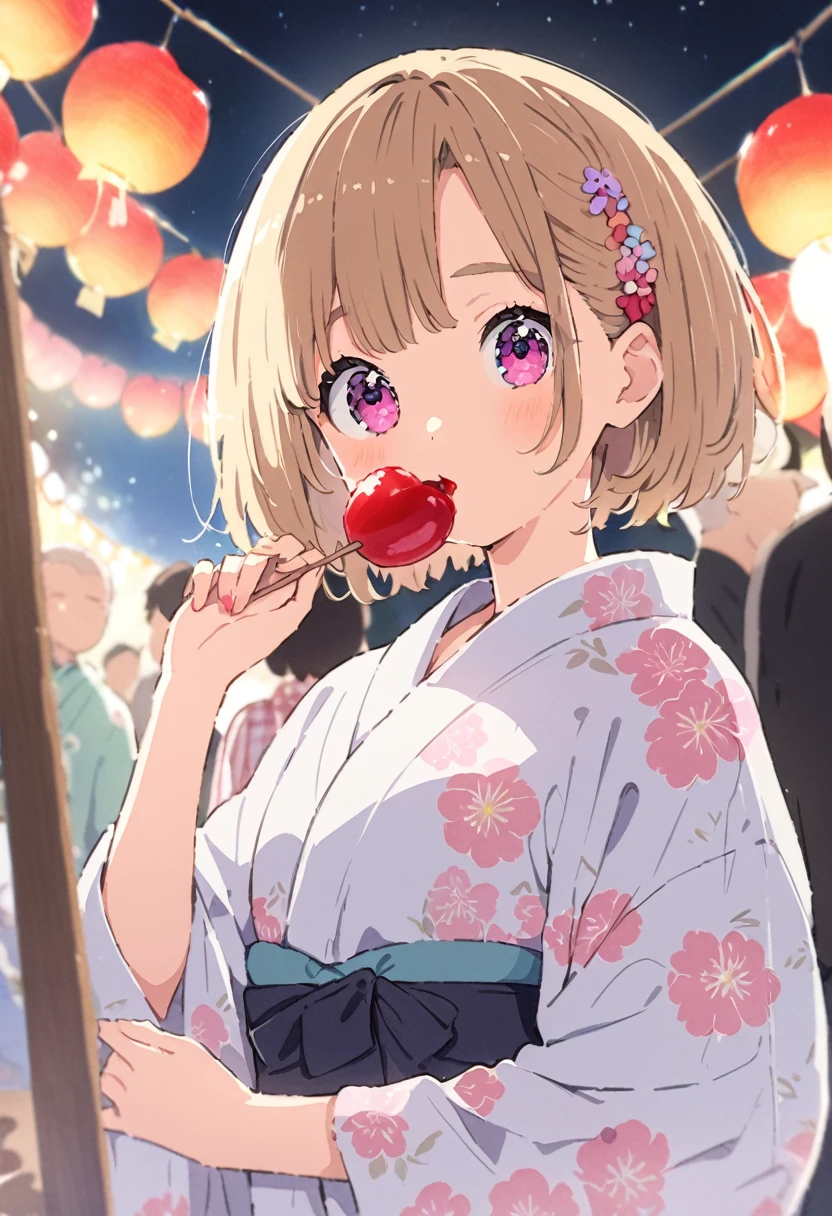 cute girl, yukata, watercolor, clear, anime style illustration, cute illustration, beautiful detail, fain touch outline, cute girl is eating a apple candy, りんご飴、 delicious looking, japanese festival, night, cute illustration, best quality, top quality, masterpiece, ultra detailed, beautiful detail