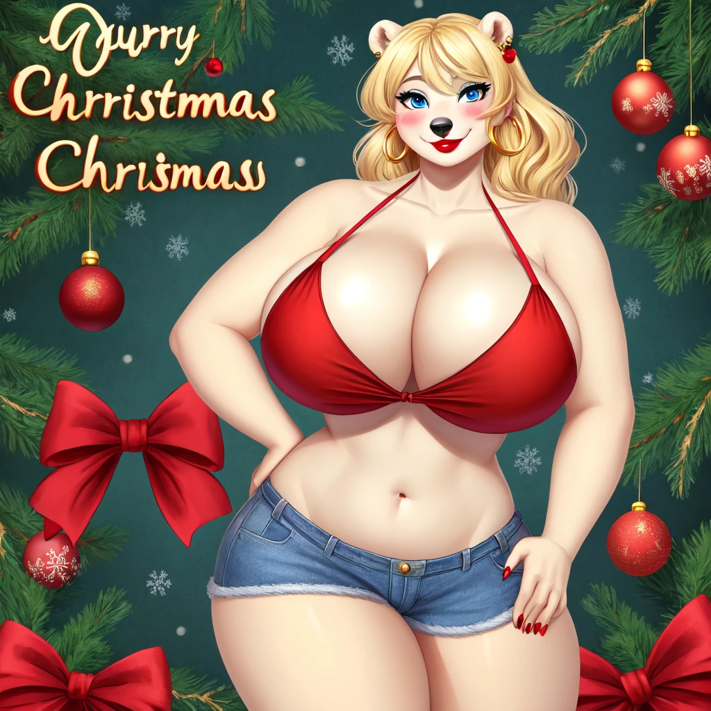 Blonde polar bear woman, wearing a Christmas bikini top and jean shorts, perfect face, blue eyes, big round breasts, wide hips, cleavage, three-quarter view, solo, smile, perfect detailed body, red lipstick, gold earring, hand on hips, blushing
