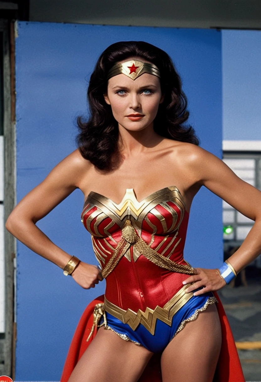 Linda Carter. Wonder woman. Full body shot, full length cinematic shot. sensual. stupid. sexy, micro stupid. lingerie. Xxx, hyper realism. 8k. Photography, hyper realism. k. Photography (Masterpiece, super detail, high detail, Best Quality, 8k