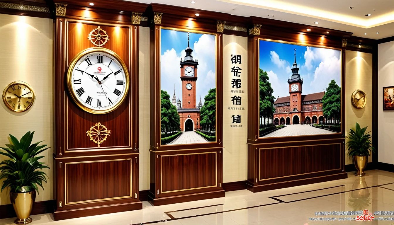 best quality,Interior design master works,Photo Effects,Exhibition hall wall,Wall 6 meters wide、2.4 meters high,Wood、leather、Metal trim back panel,English clock tower,photo,Company slogan