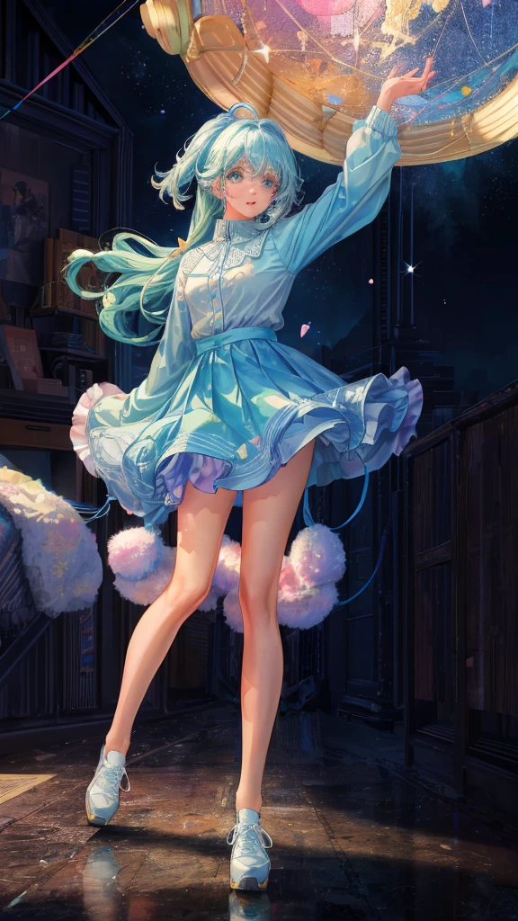 (best quality,4k,8k,highres,masterpiece:1.2),ultra-detailed,(realistic,photorealistic,photo-realistic:1.37),character design,fullbody,kawaii,design,fashion,sky blue and lime green color palette,adorable,characters,dark skin,miniskirt,fluffy sweater,lace stockings,platform sneakers,cute room,cosy environment,soft lighting,vibrant colors,Waifu style,expressive eyes,long eyelashes, playfulness, innocence, confident, happy, dynamic pose, standing, surrounded by floating pastel-colored hearts, surrounded by glittering stars, holding a plushie, surrounded by flowers, dreamlike background, sun rays breaking through the clouds, touch of magic, hand-drawn style, neat lines, clean and smooth shading, details on clothing and accessories, attention to facial expressions and body language, emphasis on cute and charming features, lively and energetic vibe.