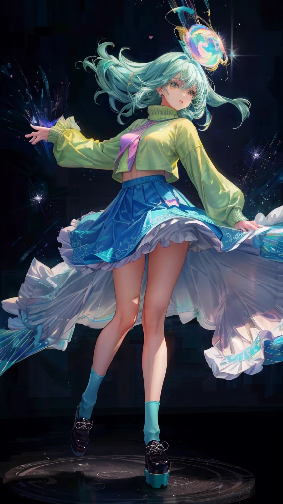 (best quality,4k,8k,highres,masterpiece:1.2),ultra-detailed,(realistic,photorealistic,photo-realistic:1.37),character design,fullbody,kawaii,design,fashion,sky blue and lime green color palette,adorable,characters,dark skin,miniskirt,fluffy sweater,lace stockings,platform sneakers,cute room,cosy environment,soft lighting,vibrant colors,Waifu style,expressive eyes,long eyelashes, playfulness, innocence, confident, happy, dynamic pose, standing, surrounded by floating pastel-colored hearts, surrounded by glittering stars, holding a plushie, surrounded by flowers, dreamlike background, sun rays breaking through the clouds, touch of magic, hand-drawn style, neat lines, clean and smooth shading, details on clothing and accessories, attention to facial expressions and body language, emphasis on cute and charming features, lively and energetic vibe.