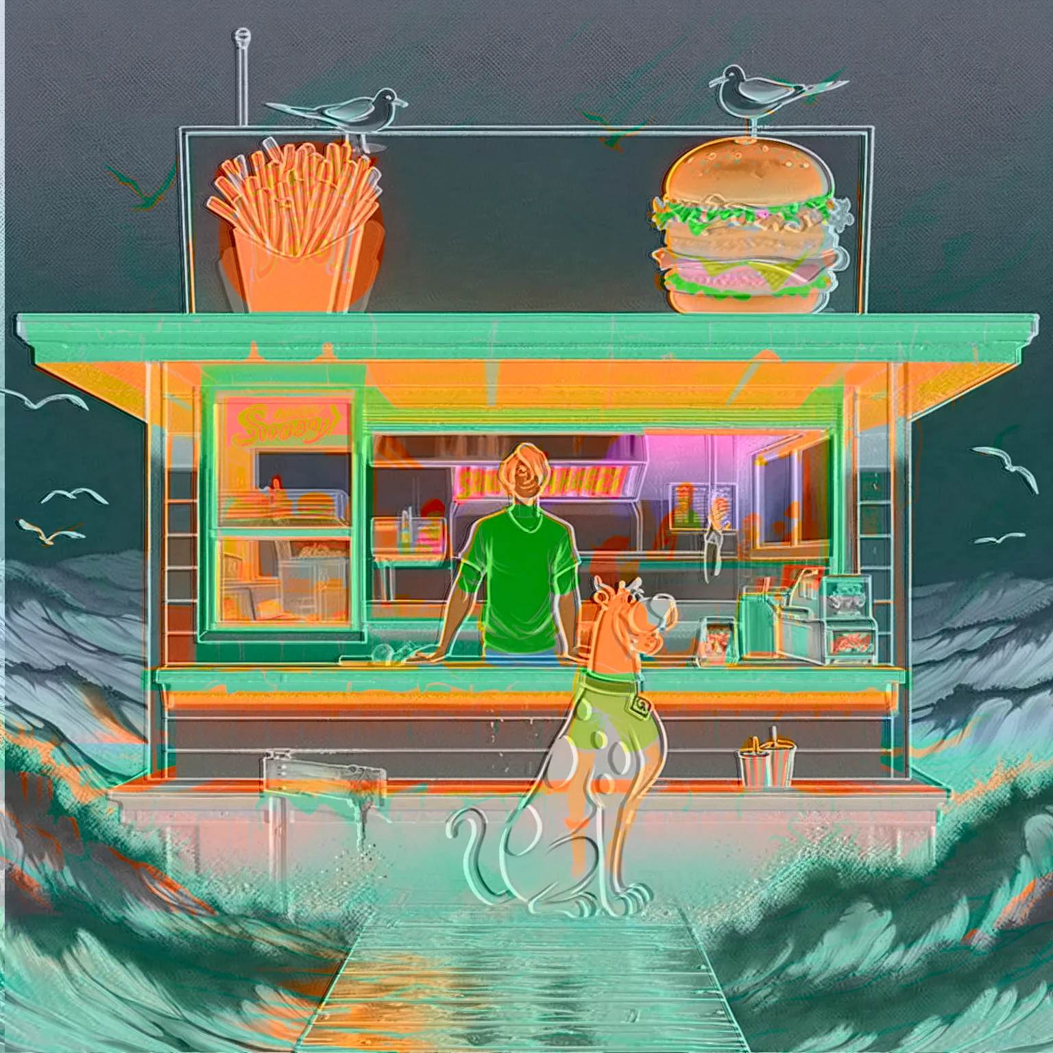 no light source, overwhelming darkness, maximal abyss, Sunset, dim glow, neon, dazzling, warm dark rich coloring, Scooby Doo distinct to original cartoon, ocean front fast food shack, operated by Scooby Doo and Shaggy, waves, sea breeze, seagulls, The scene is minimal, serene, perfect, strange, candid, cinematic, surreal, and timeless. The hamburger grill is lost in space, standing against a blank canvas. The style is a mix of realism and cartoon, with 90s comic aesthetics, expressive ink work, cinematic compositions, and nuanced details. The style is reminiscent of Joelle Jones and 90's scooby doo animated tv show, shaggy wearing tropical green sweater, scooby doo distinct art style,