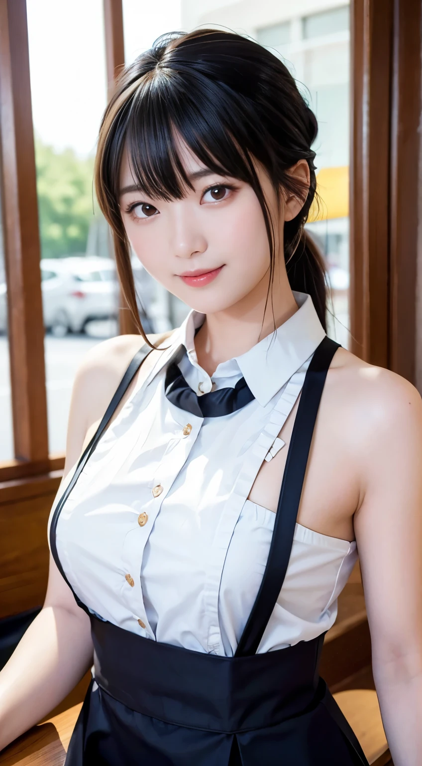 (Highest quality,masterpiece:1.3,Ultra-high resolution,),(Very detailedな,Caustics),(Photorealistic:1.4,RAW shooting,)Ultra-Realistic Capture,Very detailed,High resolution 16K human skin closeup。 Natural skin texture、,Pores、、、、It must be detailed enough to be easily identifiable。 Skin tone is even and healthy looking。 Use natural light and color,restaurant,Waitress uniform,1 Girl,Japanese,18-year-old,cute,Black-haired,ponytail,Big Breasts,smile,Turn your body forward,(Front view:1.1),Looking at the camera,Cowboy Shot,