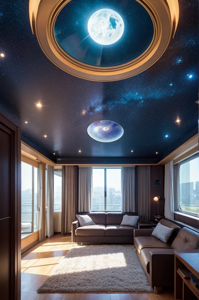 Spaceship、A round window offers a view of the universe、A window on the ceiling offers a view of the dim starscape of space.、There is a big bed that is over 2 meters long.、carpet、You can see the living room in the back、A spacious bedroom with indirect lighting、Image Generation、