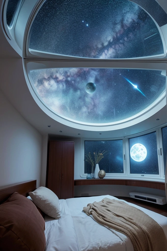 Spaceship、A round window offers a view of the universe、A window on the ceiling offers a view of the dim starscape of space.、There is a big bed that is over 2 meters long.、carpet、You can see the living room in the back、A spacious bedroom with indirect lighting、Image Generation、
