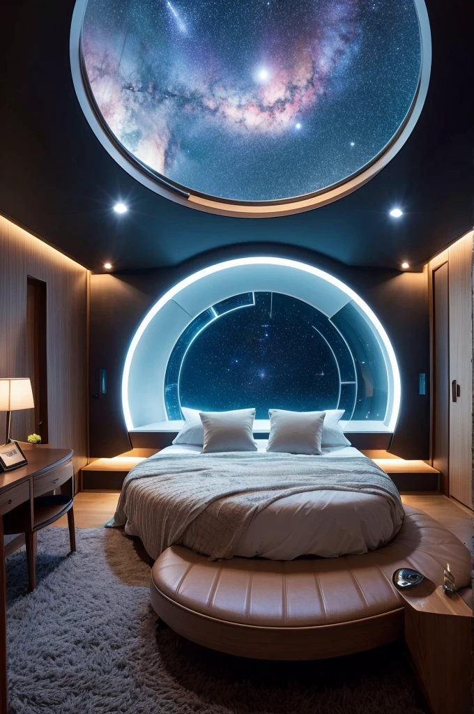 Spaceship、A round window offers a view of the universe、A window on the ceiling offers a view of the dim starscape of space.、There is a big bed that is over 2 meters long.、carpet、You can see the living room in the back、A spacious bedroom with indirect lighting、Image Generation、
