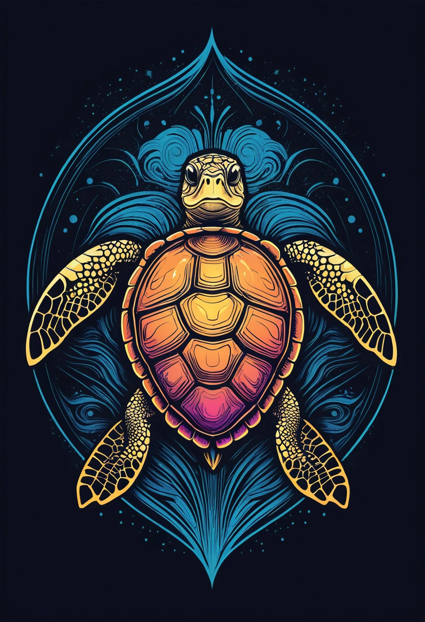 a sea turtle, expressionism, two-dimensional illustration, dark tones, magical realism, synthwave:: t-shirt vector, center composition graphic design, plain background::2 mockup::-2 --upbeta --ar 1:1