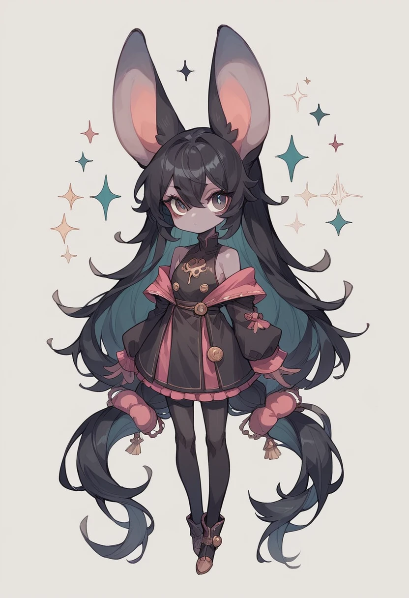 Q version cartoon character model。Full body portrait。Big head and small body。Girl with long black hair