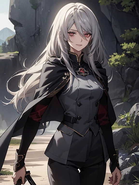 (Confused, High resolution, Very detailed), 1 female, Silver Hair,Long Hair,Crimson Eyes,Blue and black military uniform,24th generation,beauty,mature,thin,quiet,Calm,A small smile,Long Cape,Slender and thin,,skinny pants,grassland,cliff,Small breasts,
