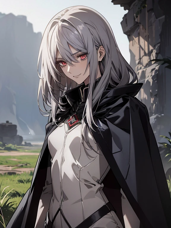 (Confused, High resolution, Very detailed), 1 female, Silver Hair,Long Hair,Crimson Eyes,Blue and black military uniform,24th generation,beauty,mature,thin,quiet,Calm,A small smile,Long Cape,Slender and thin,,skinny pants,grassland,cliff,Small breasts,