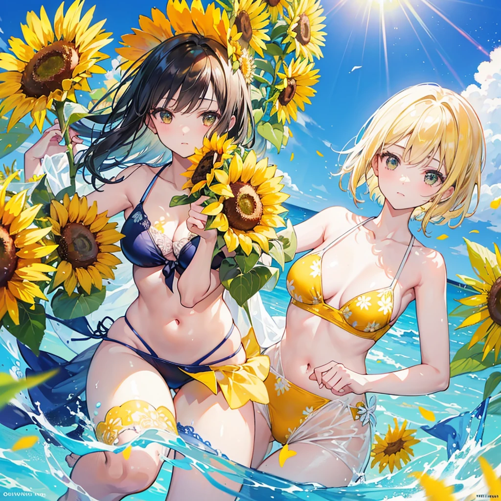 "Sunflower Light: Goddesses of Summer"
Illustration prompt:
"Sunflower Light" is a work depicting people wearing swimsuits with a sunflower motif design against the backdrop of a sunflower field blooming under the bright summer sun. The fabric of the swimsuits is woven with sunflower patterns, and its delicate details and texture are precisely depicted.
AI illustration prompt:
Scene setting:
A sunflower field spreads out under the blue summer sky. Countless sunflowers bloom in the background, creating a contrast of bright yellow and green.
Several people are wearing swimsuits with sunflower designs and enjoying themselves in the sunflower field.
Swimsuit description:
Each person wears a different design of sunflower-patterned swimsuit. They incorporate a variety of styles, including bikinis, one-pieces, and tankinis.
The fabric of the swimsuits is precisely drawn with patterns of sunflower flowers and leaves, and its texture is precisely depicted.
Color and light expression:
The swimsuits are natural colors such as sunflower yellow, green, orange, and brown.
The sunlight reflects off the swimsuit, creating realistic highlights and shadows.
Fabric details:
The patterns of sunflower petals, stems, and leaves are woven into the fabric, and the delicate details are depicted in detail.
The way the wet fabric sticks to the skin and the sunflower pattern is reflected in the water droplets is realistically depicted.
Movement:
Realistic depiction of how the swimsuit fabric stretches and creases as the person moves.
The way the swimsuit fabric sways in the wind as the sunflowers sway in the wind is also depicted in detail.
Contrast with background:
The contrast between the sunflower field and blue sky in the background, the yellow sunflowers, and the color and texture of the swimsuit is emphasized.
The design and details of the swimsuit are highlighted using sunlight and shadow effects.
Special effects:
The shine caused by the reflection and refraction of light is ref