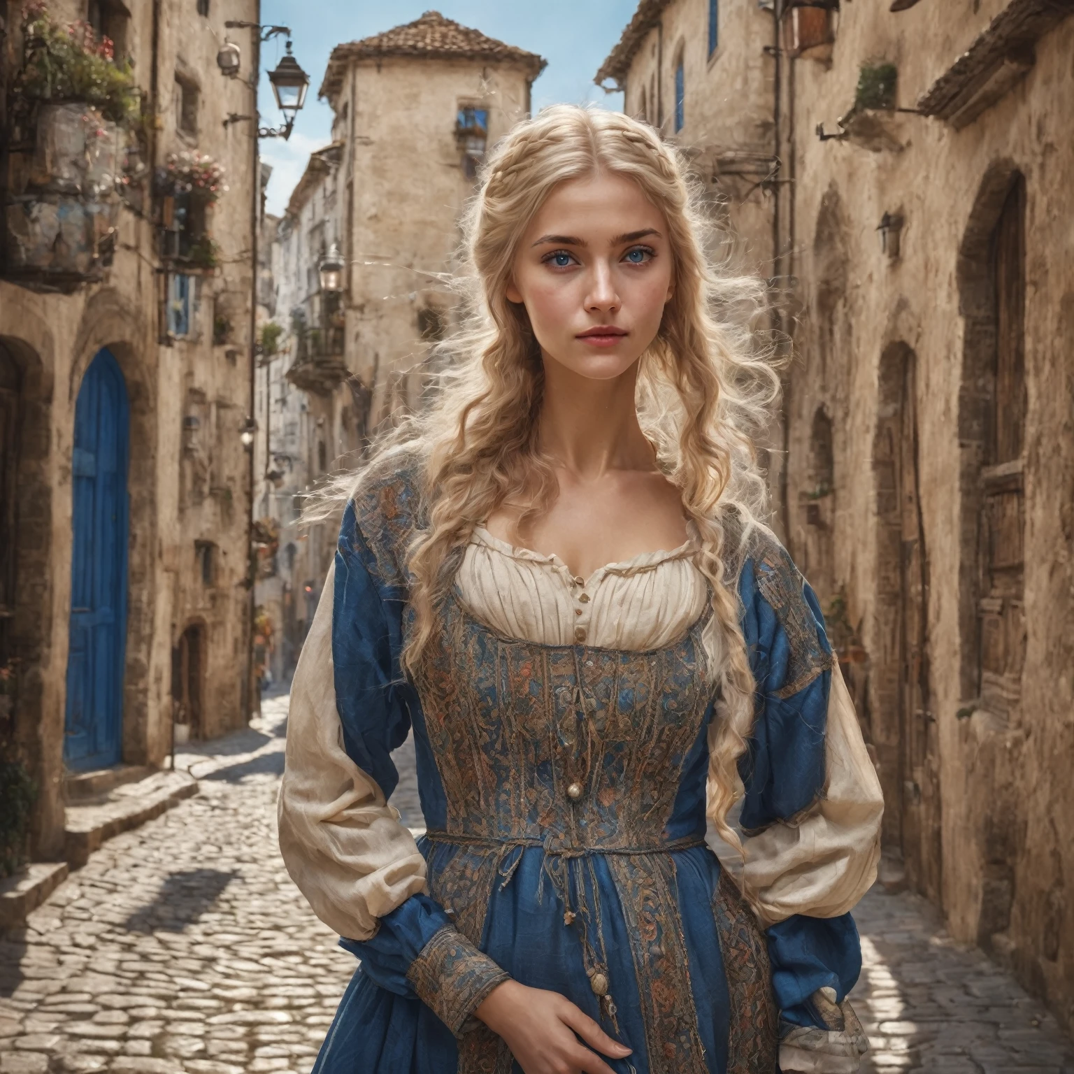 best qualityer, work of art, photo realist, details Intricate, CRU photo, ultra detaild, old fashioned young woman, with peasant style dress, no cleavage, hair blonde, perfect detailed blue eyes, walking in an old town, qualidade hd, 8K, young woman, 20 years old