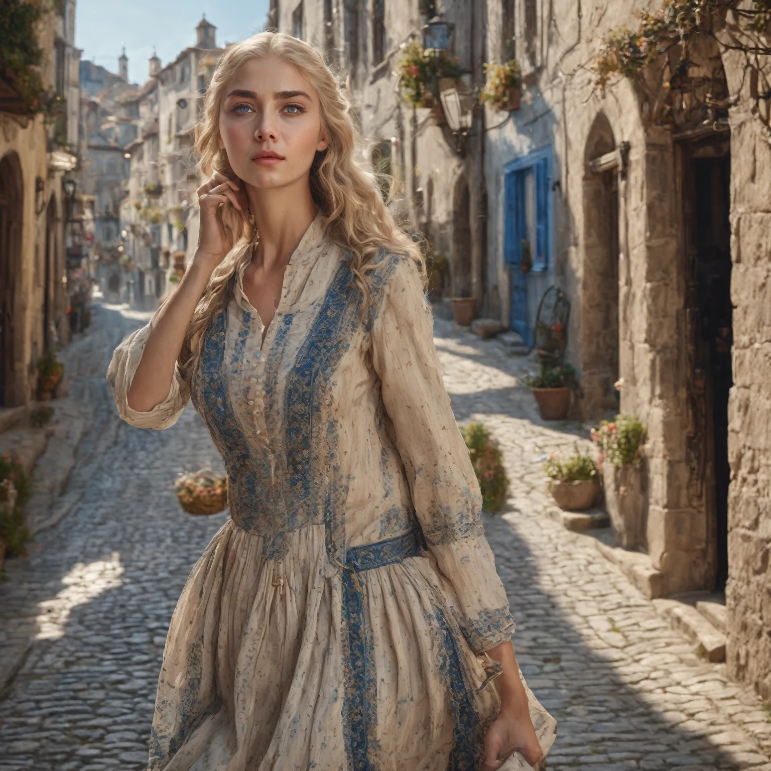 best qualityer, work of art, photo realist, details Intricate, CRU photo, ultra detaild, old fashioned young woman, with peasant style dress, no cleavage, hair blonde, perfect detailed blue eyes, walking in an old town, qualidade hd, 8K, young woman, 20 years old