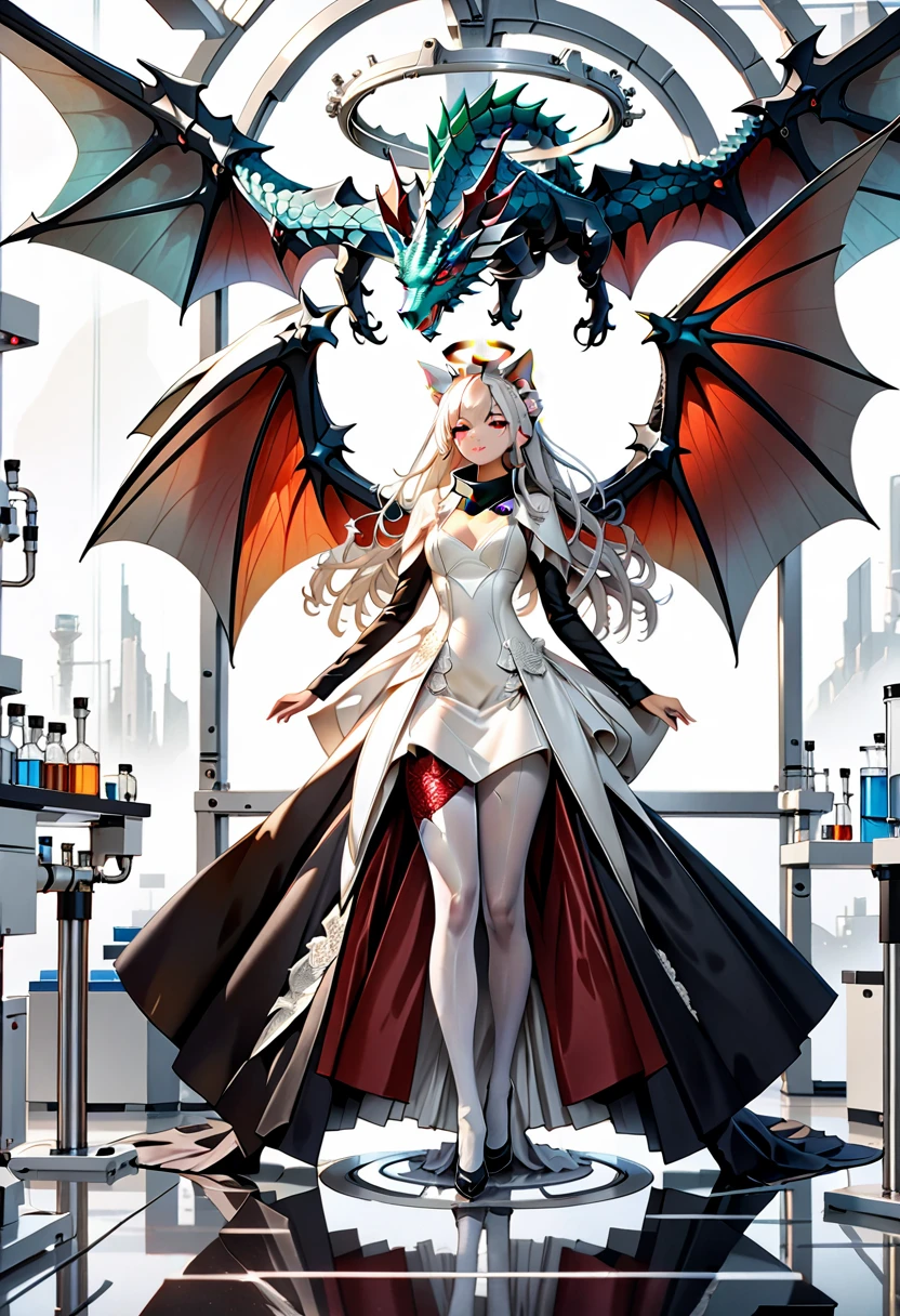 masterpiece, highest quality, highest resolution, clear_image, photo realistic, detailed details, White hair, long hair, cat ears, 1 girl, red eyes, imperial wedding dress, white pantyhose, white scarf (around the neck), gray futuristic halo, futuristic dragon wings, beautiful, full body, no water marks, laboratory, no extra limps, no extra body