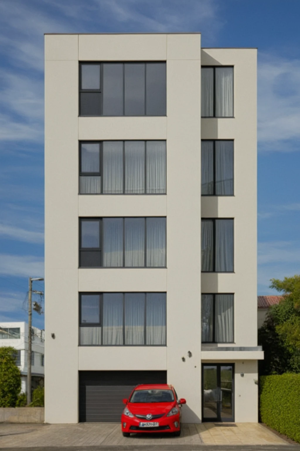 head of&#39;artwork, High quality, best quality, authentique, great detail, En plein air, modern house style,bietthuhn, white wall, glass windows, Door&#39;entrance,pavement, grass, trees,blue sky, nuvens, (jour:1.1), realistic lighting