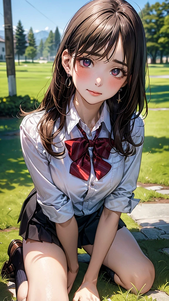 (masterpiece:1.2, top-quality), (realistic, photorealistic:1.4), beautiful illustration, (natural side lighting, movie lighting),
looking at viewer, cowboy shot, front view:0.6, 1 girl, japanese, high school girl, perfect face, cute and symmetrical face, shiny skin,
(long hair:1.8, straight hair:1.7, light brown hair), parted bangs, emerald green eyes, long eye lasher, (large breasts:0.9, thick thighs),
beautiful hair, beautiful face, beautiful detailed eyes, beautiful clavicle, beautiful body, beautiful chest, beautiful thigh, beautiful legs, beautiful fingers,
((, white collared shirts, black pleated mini skirt, black socks, brown loafers, red bow tie)), break, hoop ring earrings, pink panties, dark blue violet cardigan, break,
(beautiful scenery),
A girl is on all fours in the grass in a meadow. She is carrying a large dog on her back.
Her face is bright red and flushed, her brow is furrowed, her mouth is open, and she looks like she is about to cry.
(The skirt is very short.)
