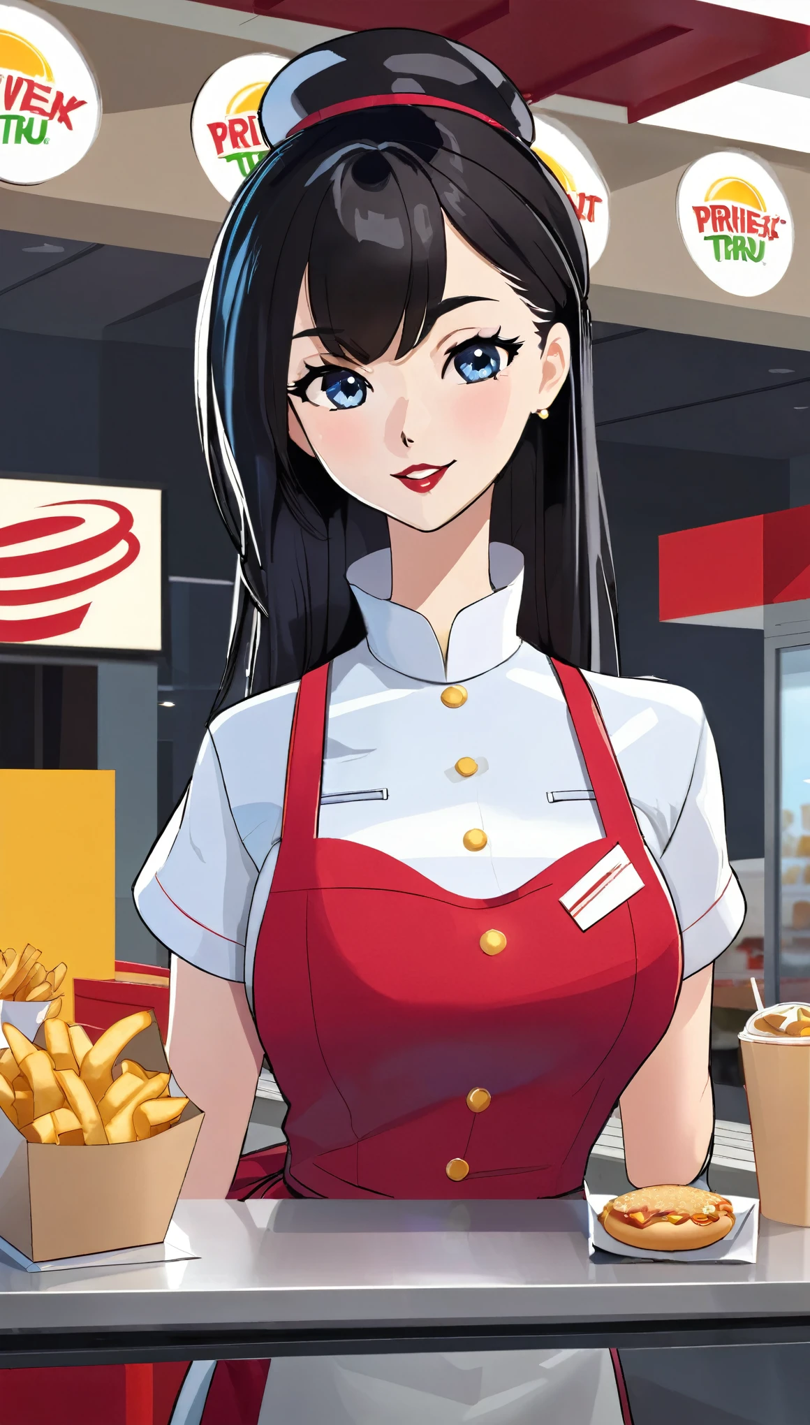 2.5D, delicate and dynamic, sexy pretty fast food worker, background drive-thru