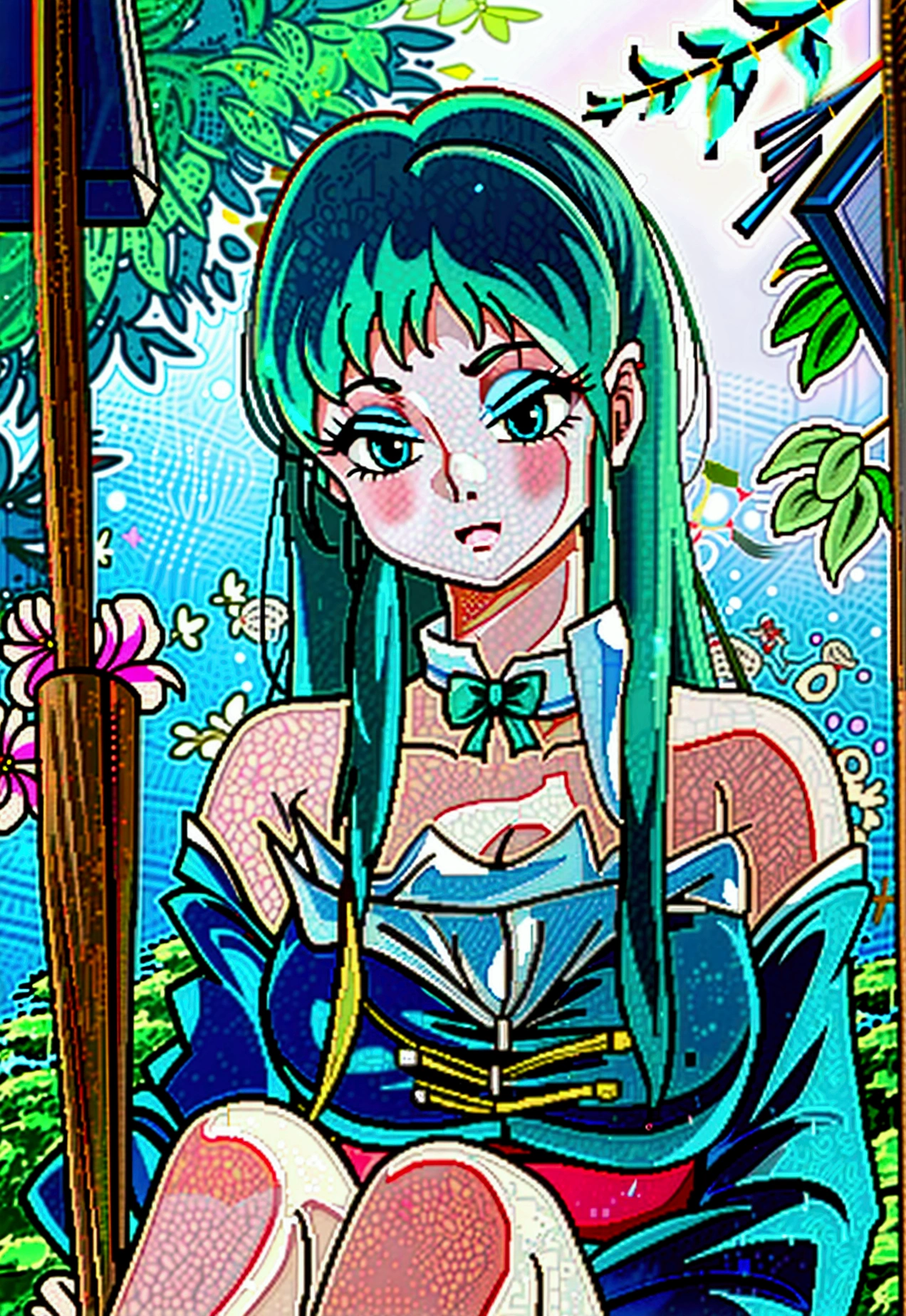 (score_9, score_8_up, score_7_up), 1girl, solo, lum, blue eyes, green hair, long hair, teenager, chinese clothes, off shoulder, source_anime, medium breasts, outdoors, vines, flowers, garden, bellybutton, swing, sitting on swing, tree, hanging legs, blush, knees together, open mouth, half closed eyes, smiling, shiny skin, curved tail, barefoot, wet skin, closed mouth, wet hair, full body, detailed eyes, detailed face, beautiful detailed eyes, beautiful detailed lips, extremely detailed eyes and face, long eyelashes, young teenage girl, indifferent facial expression, blue eyes, barefoot, gloomy atmosphere, (best quality,4k,8k,highres,masterpiece:1.2),ultra-detailed,(photo-realistic:1.37),intricate details,cinematic lighting,moody colors, +detmore