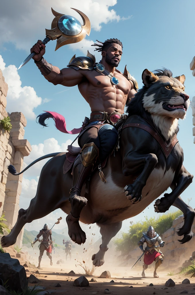 black man riding a lion, wearing bronze armor, battle pose, holding sword and shield, obra prima ultra high quality