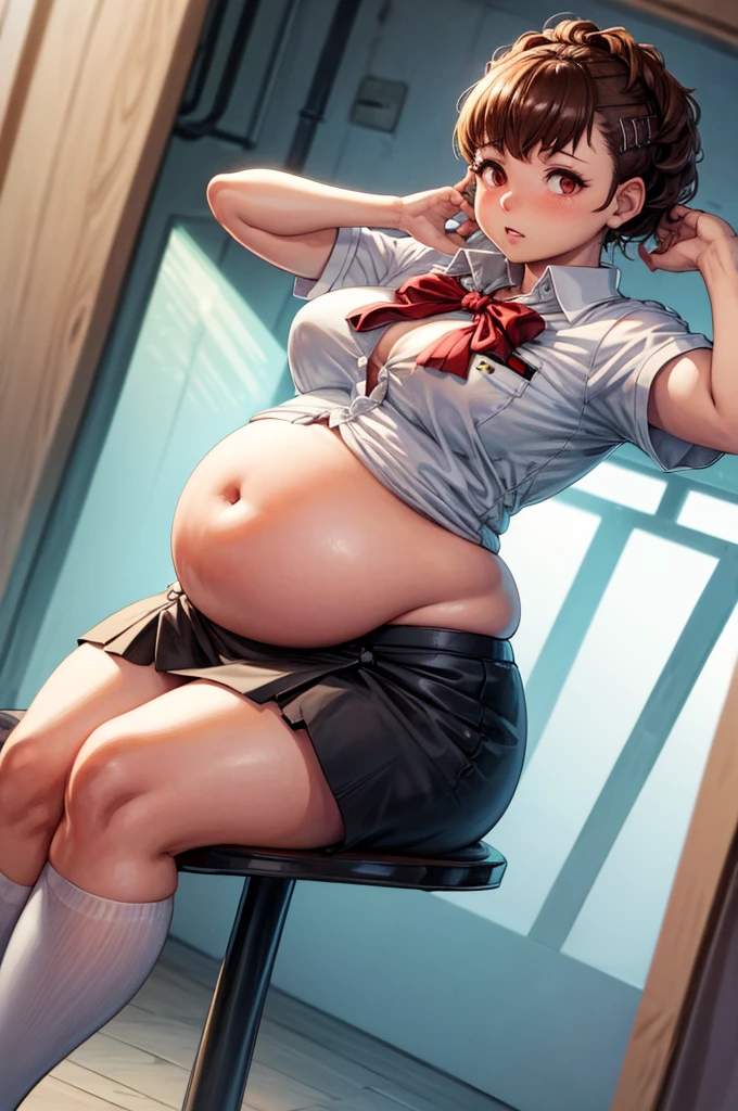 (masterpiece, best quality, highres, absurdres), 1girl, big belly, chubby arms, thighs, art by kipteitei, uniform, brown hair, black knee high skirt, white button up shirt, bow, armband, digital media player, headphones, chubby, embarrassed, flushed, sitting down with legs together, poking belly, shirt buttons popping