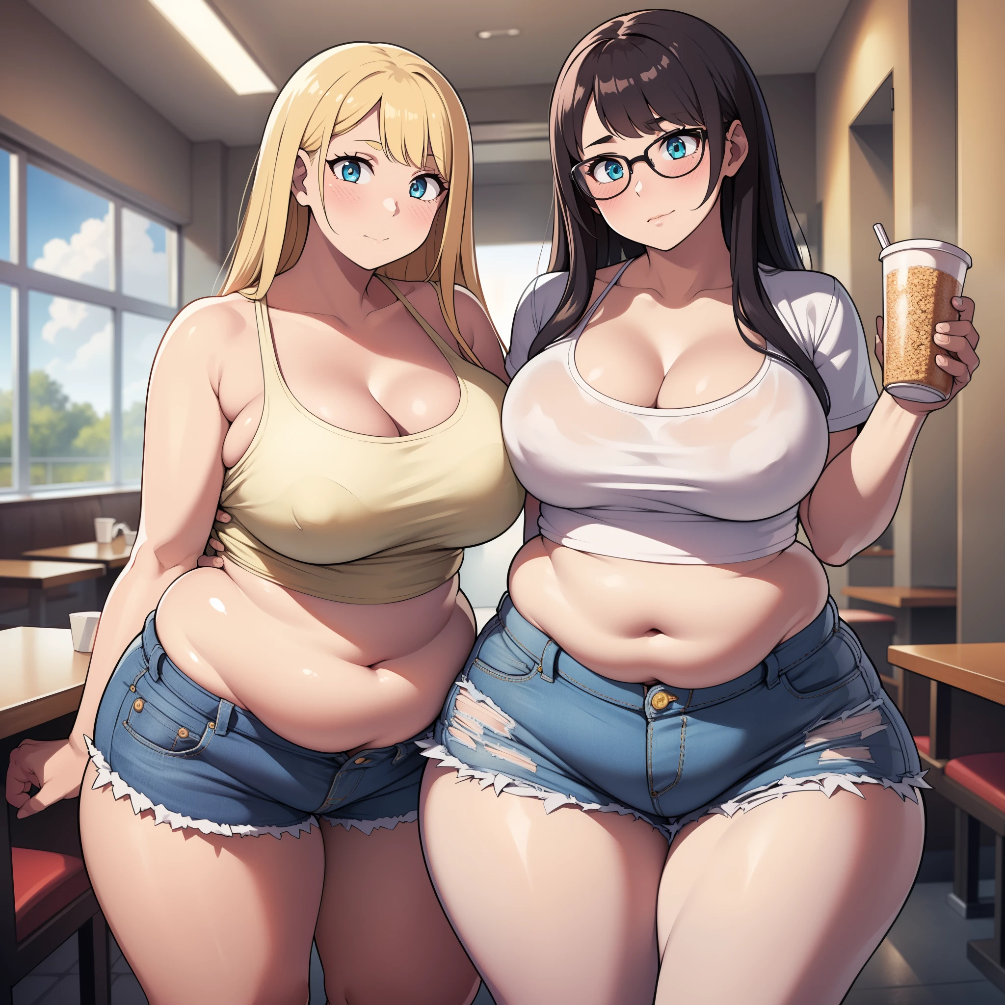 ((highres)), Masterpiece, high quality, best quality, beautiful, perfect lighting, detailed face, ultra cute face, ((2girls)), blush, one girl has blonde hair, blue eyes, crop top and shorts, one girl has brown hair, green eyes, jeans, white shirt, fast food restaurant, cleavage, medium breasts, ((wide hips)), (thick thighs), ((chubby)), chubby belly, belly grab, fat folds, standing next to each other,