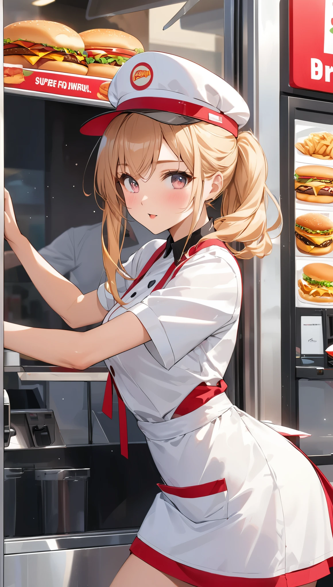 best quality, super fine, 2.5D, delicate and dynamic, sexy pretty fast food worker, background drive-thru
