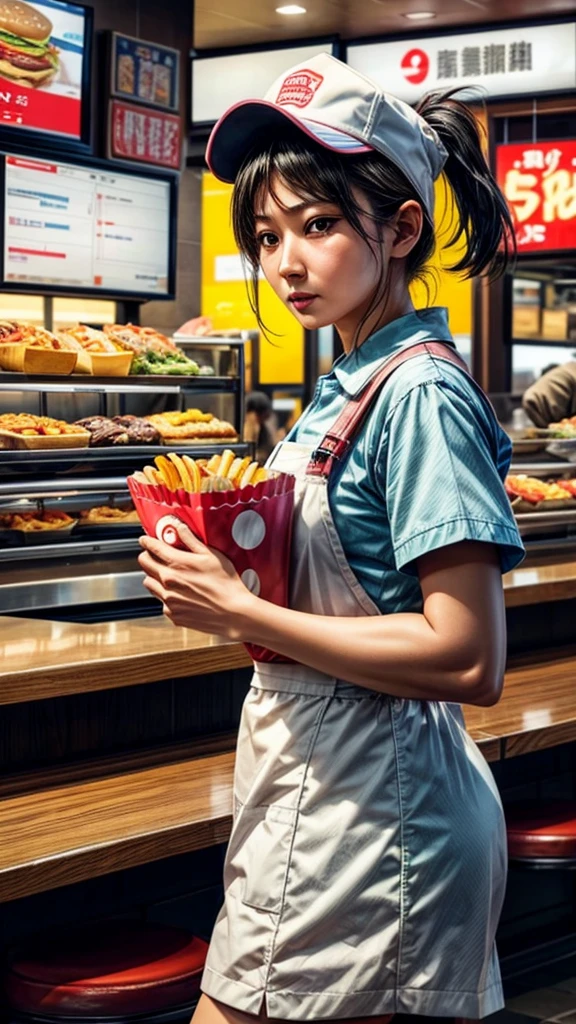 a middle-aged fast food restaurant employee, dropping the plates he was carrying, highly detailed, photorealistic, 8k, best quality, intricate details, vivid colors, dramatic lighting, realistic textures, impactful composition, emotional expression, surprised facial expression, dropping plates, fast food restaurant interior, greasy floor, chaotic scene, motion blur, dramatic shadow effects