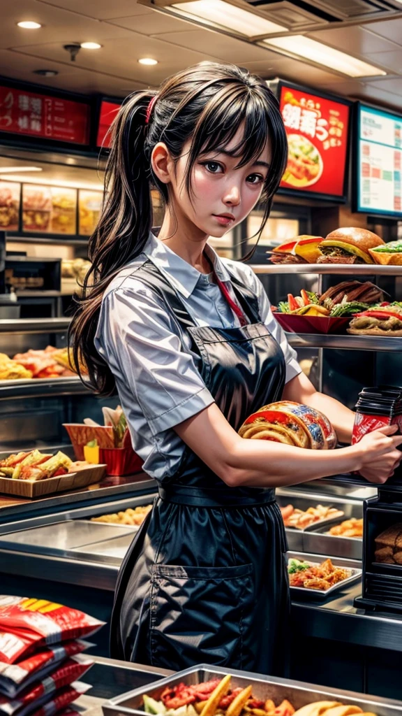 a middle-aged fast food restaurant employee, dropping the plates he was carrying, highly detailed, photorealistic, 8k, best quality, intricate details, vivid colors, dramatic lighting, realistic textures, impactful composition, emotional expression, surprised facial expression, dropping plates, fast food restaurant interior, greasy floor, chaotic scene, motion blur, dramatic shadow effects